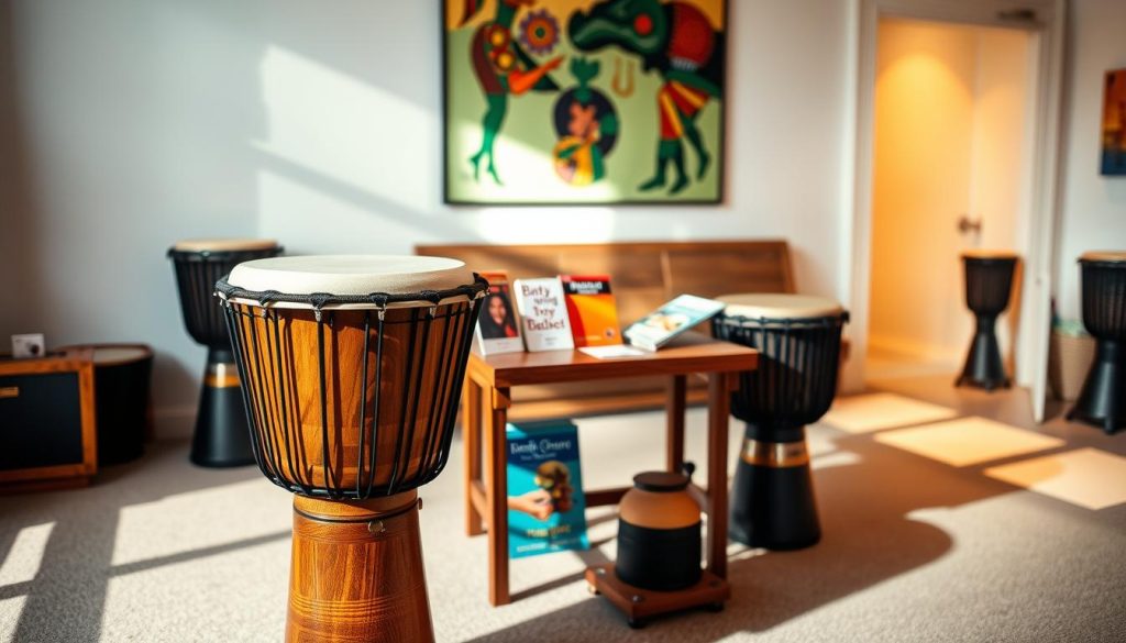 A beautiful display of a beginner-friendly djembe in a well-lit, inviting room. The foreground features a richly textured djembe made from high-quality wood with a smooth, light-colored drumhead, highlighting its craftsmanship. In the middle ground, a small wooden table displays different price tags and accessories related to djembe playing, such as instructional books and beginner hand drumming guides. Soft, warm lighting casts gentle shadows, creating a cozy atmosphere. In the background, a wall adorned with colorful African art enhances the cultural context of the djembe, evoking a sense of tradition and rhythm. The overall composition conveys a friendly, approachable atmosphere suitable for novices exploring their drumming journey. A beautiful display of a beginner-friendly djembe in a well-lit, inviting room. The foreground features a richly textured djembe made from high-quality wood with a smooth, light-colored drumhead, highlighting its craftsmanship. In the middle ground, a small wooden table displays different price tags and accessories related to djembe playing, such as instructional books and beginner hand drumming guides. Soft, warm lighting casts gentle shadows, creating a cozy atmosphere. In the background, a wall adorned with colorful African art enhances the cultural context of the djembe, evoking a sense of tradition and rhythm. The overall composition conveys a friendly, approachable atmosphere suitable for novices exploring their drumming journey.