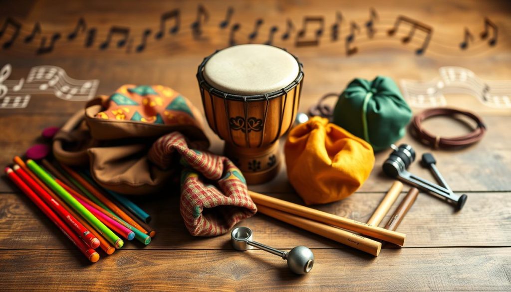 A beautifully arranged flat lay of essential djembé accessories on a textured wooden surface. In the foreground, a variety of vibrant drumsticks, colorful fabric drum bags, and a tuning key gleam under warm, soft lighting, creating an inviting atmosphere. In the middle ground, a traditional-looking djembé crafted from natural wood and decorated with intricate carvings stands out, showcasing its craftsmanship. In the background, blurred images of musical notes and a faint outline of a drumming circle hint at a musical theme. The scene is captured from a slightly elevated angle, emphasizing the rich textures and colors. The overall mood is educational and engaging, perfect for guiding readers in their purchasing decisions. A beautifully arranged flat lay of essential djembé accessories on a textured wooden surface. In the foreground, a variety of vibrant drumsticks, colorful fabric drum bags, and a tuning key gleam under warm, soft lighting, creating an inviting atmosphere. In the middle ground, a traditional-looking djembé crafted from natural wood and decorated with intricate carvings stands out, showcasing its craftsmanship. In the background, blurred images of musical notes and a faint outline of a drumming circle hint at a musical theme. The scene is captured from a slightly elevated angle, emphasizing the rich textures and colors. The overall mood is educational and engaging, perfect for guiding readers in their purchasing decisions.