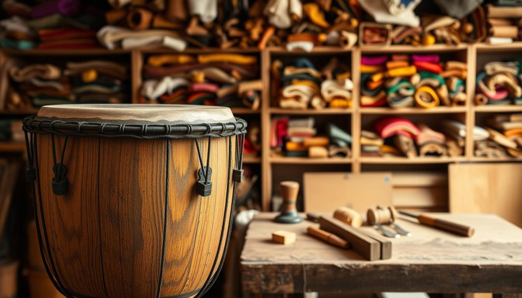 A beautifully crafted djembé displayed in a workshop setting, showcasing the intricate details of its fabrication materials. In the foreground, emphasize the natural wood grain and texture of the drum, highlighting the smooth, polished surface and decorative carvings. In the middle ground, include tools used for crafting djembés, such as chisels and sanding blocks, to create a sense of craftsmanship. The background should feature shelves filled with vibrant pieces of raw materials—thick animal skins and colorful dyes—illuminated by warm, soft lighting that creates a cozy atmosphere. Capture the mood of artisanal dedication and musical heritage, with a slight angle that gives depth to the composition, ensuring no human subjects are present. A beautifully crafted djembé displayed in a workshop setting, showcasing the intricate details of its fabrication materials. In the foreground, emphasize the natural wood grain and texture of the drum, highlighting the smooth, polished surface and decorative carvings. In the middle ground, include tools used for crafting djembés, such as chisels and sanding blocks, to create a sense of craftsmanship. The background should feature shelves filled with vibrant pieces of raw materials—thick animal skins and colorful dyes—illuminated by warm, soft lighting that creates a cozy atmosphere. Capture the mood of artisanal dedication and musical heritage, with a slight angle that gives depth to the composition, ensuring no human subjects are present.