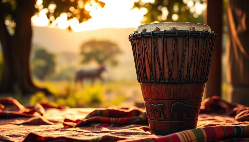 A beautifully crafted djembé drum in the foreground, made from rich, dark wood with intricate carvings representing African tribal patterns. The drum is prominently displayed, showcasing its large, rounded shape and animal skin top. In the middle ground, scattered traditional African textiles in vibrant colors create a sense of cultural depth. The background features a soft-focus silhouette of a lush, green African landscape under warm, golden sunlight, enhancing the atmosphere of tradition and folklore. The mood is warm and inviting, evoking a sense of history and mystery surrounding the origins of the djembé. Capture the scene with a close-up angle that highlights the drum’s texture, using natural lighting to bring out the wood grain and the vibrant colors of the textiles. A beautifully crafted djembé drum in the foreground, made from rich, dark wood with intricate carvings representing African tribal patterns. The drum is prominently displayed, showcasing its large, rounded shape and animal skin top. In the middle ground, scattered traditional African textiles in vibrant colors create a sense of cultural depth. The background features a soft-focus silhouette of a lush, green African landscape under warm, golden sunlight, enhancing the atmosphere of tradition and folklore. The mood is warm and inviting, evoking a sense of history and mystery surrounding the origins of the djembé. Capture the scene with a close-up angle that highlights the drum’s texture, using natural lighting to bring out the wood grain and the vibrant colors of the textiles.