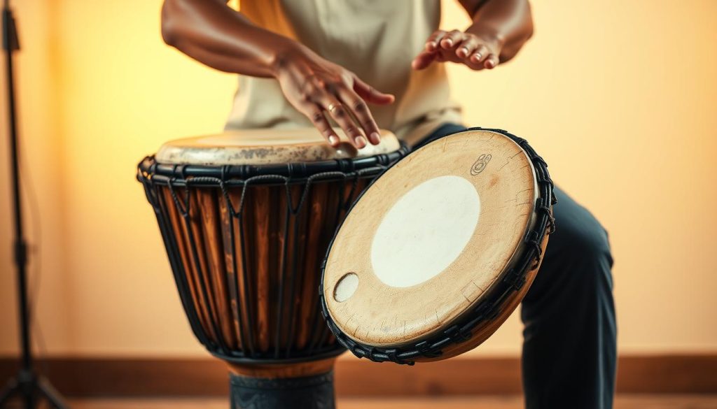 A beautifully crafted djembé percussion instrument prominently displayed in the foreground, showcasing its textured wooden body and vibrant goat skin drumhead. The djembé is adorned with intricate tribal carvings, reflecting the rich cultural heritage associated with it. In the middle ground, a pair of skilled hands, wearing modest casual clothing, gently striking the drum, creating visual motion that suggests sound production. The background features a soft, blurred studio setting, subtly lit with warm, golden lighting to evoke a cozy, inviting atmosphere. The image is captured from a slightly elevated angle to emphasize the contours of the instrument and the artistry of the hand movements. Overall, the composition conveys an intimate connection to the essence of music and the soulful experience of playing the djembé. A beautifully crafted djembé percussion instrument prominently displayed in the foreground, showcasing its textured wooden body and vibrant goat skin drumhead. The djembé is adorned with intricate tribal carvings, reflecting the rich cultural heritage associated with it. In the middle ground, a pair of skilled hands, wearing modest casual clothing, gently striking the drum, creating visual motion that suggests sound production. The background features a soft, blurred studio setting, subtly lit with warm, golden lighting to evoke a cozy, inviting atmosphere. The image is captured from a slightly elevated angle to emphasize the contours of the instrument and the artistry of the hand movements. Overall, the composition conveys an intimate connection to the essence of music and the soulful experience of playing the djembé.