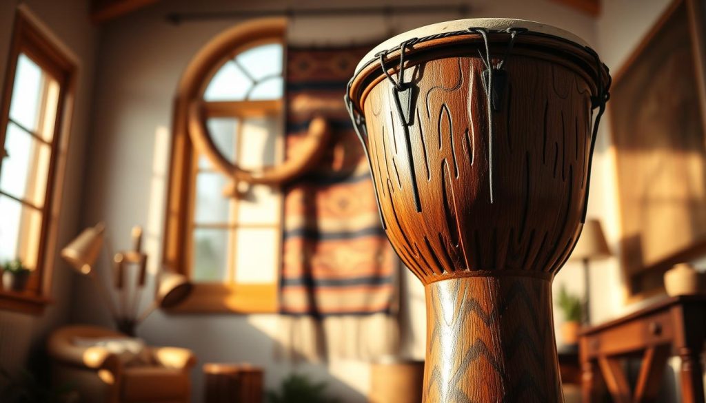 A beautifully crafted djembé percussion instrument prominently displayed in the foreground, showcasing its intricate carvings and rich wood grain. The djembé is positioned at an angle to highlight its textured goatskin drumhead. The middle ground features a soft-focus backdrop of a warm, inviting room adorned with natural light filtering through a large window, casting gentle shadows. In the background, a traditional African textile hangs, accentuating the cultural significance of the instrument. Soft, warm lighting enhances the inviting atmosphere, suggesting a creative and musical environment. The image should evoke a sense of craftsmanship and celebration of rhythm, perfect for illustrating the technical criteria that influence the price of a djembé. A beautifully crafted djembé percussion instrument prominently displayed in the foreground, showcasing its intricate carvings and rich wood grain. The djembé is positioned at an angle to highlight its textured goatskin drumhead. The middle ground features a soft-focus backdrop of a warm, inviting room adorned with natural light filtering through a large window, casting gentle shadows. In the background, a traditional African textile hangs, accentuating the cultural significance of the instrument. Soft, warm lighting enhances the inviting atmosphere, suggesting a creative and musical environment. The image should evoke a sense of craftsmanship and celebration of rhythm, perfect for illustrating the technical criteria that influence the price of a djembé.