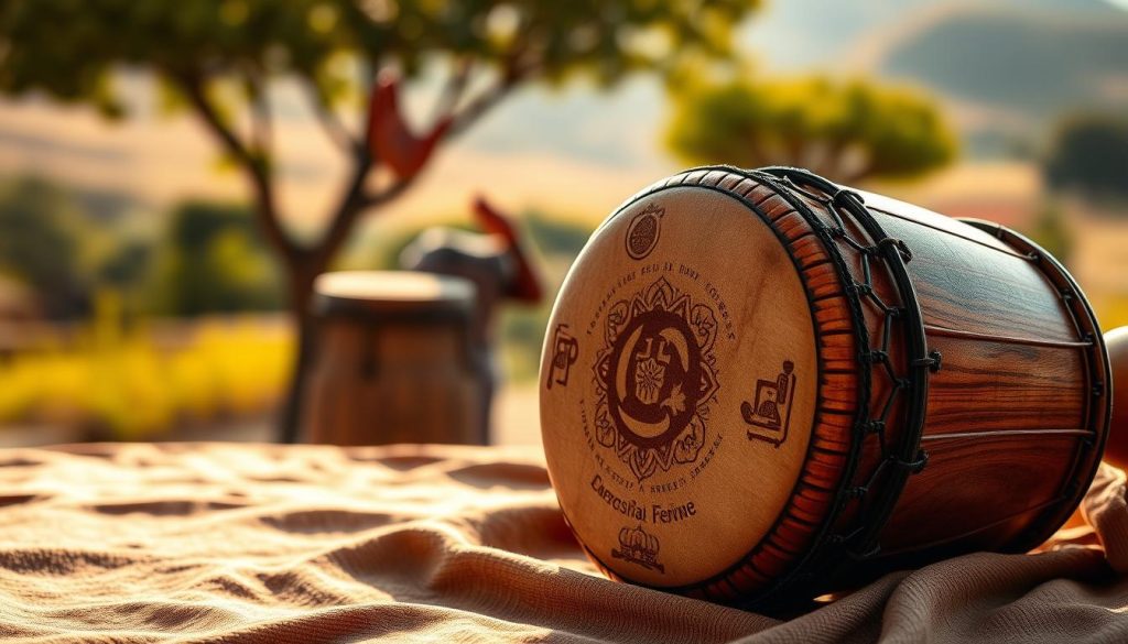 A beautifully crafted djembé percussion instrument, showcasing intricate carvings and a warm, natural wooden finish. The foreground features the djembé prominently placed on a textured fabric, highlighting its circular drumhead with a tight drum skin. In the middle ground, a soft silhouette of a musician's hands poised to play adds a dynamic element, emphasizing the instrument’s cultural significance. The background consists of a softly blurred traditional African landscape, with hints of lush greenery and distant hills under a warm afternoon sun. The lighting casts gentle shadows, creating an inviting and celebratory atmosphere, perfect for illustrating the rich heritage and evolution of the djembé in West Africa. A beautifully crafted djembé percussion instrument, showcasing intricate carvings and a warm, natural wooden finish. The foreground features the djembé prominently placed on a textured fabric, highlighting its circular drumhead with a tight drum skin. In the middle ground, a soft silhouette of a musician's hands poised to play adds a dynamic element, emphasizing the instrument’s cultural significance. The background consists of a softly blurred traditional African landscape, with hints of lush greenery and distant hills under a warm afternoon sun. The lighting casts gentle shadows, creating an inviting and celebratory atmosphere, perfect for illustrating the rich heritage and evolution of the djembé in West Africa.