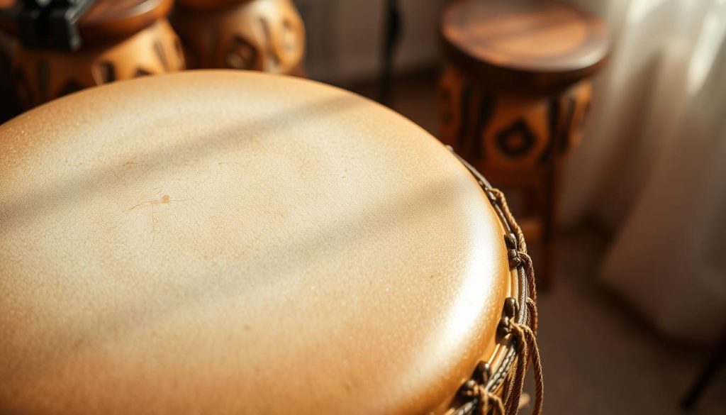 A close-up image of a beautifully crafted djembé drum, focusing on its intricate "peau de djembé" (drum skin) in rich, natural tones. The foreground features the textured surface of the drum skin, showcasing its unique fibers and patterns, glistening softly under natural light. The middle ground includes the wooden body of the djembé, with decorative carvings that reflect traditional craftsmanship. The background is softly blurred to emphasize the drum, featuring hints of a warm, rustic environment like wooden stools or a soft fabric, evoking a sense of heritage and culture. The lighting should create a warm, inviting atmosphere, enhancing the texture of the skin and the rich wood grain. The angle is slightly above the drum, allowing a clear view of the skin's surface details. A close-up image of a beautifully crafted djembé drum, focusing on its intricate "peau de djembé" (drum skin) in rich, natural tones. The foreground features the textured surface of the drum skin, showcasing its unique fibers and patterns, glistening softly under natural light. The middle ground includes the wooden body of the djembé, with decorative carvings that reflect traditional craftsmanship. The background is softly blurred to emphasize the drum, featuring hints of a warm, rustic environment like wooden stools or a soft fabric, evoking a sense of heritage and culture. The lighting should create a warm, inviting atmosphere, enhancing the texture of the skin and the rich wood grain. The angle is slightly above the drum, allowing a clear view of the skin's surface details.