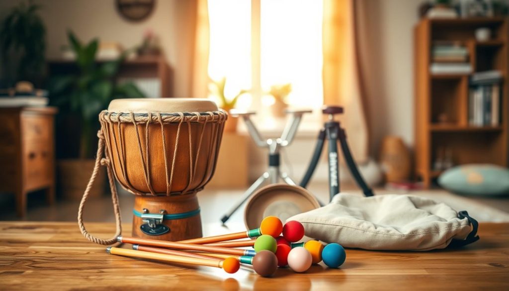 A collection of essential accessories for a beginner djembe player, arranged on a wooden surface. In the foreground, include a well-crafted djembe drum with a natural skin head and woven rope tuning, showcasing its rich texture and warm earth tones. Beside it, place a set of colorful percussion mallets, featuring varying sizes and vibrant colors. In the middle ground, display a sturdy, foldable djembe stand and a lightweight gig bag for easy transport, both in neutral colors. The background should feature a cozy, softly lit practice space with warm light filtering through a nearby window, creating an inviting atmosphere. Capture the scene with a slight depth of field to focus on the accessories, emphasizing their importance in enhancing the learning experience for a novice musician. A collection of essential accessories for a beginner djembe player, arranged on a wooden surface. In the foreground, include a well-crafted djembe drum with a natural skin head and woven rope tuning, showcasing its rich texture and warm earth tones. Beside it, place a set of colorful percussion mallets, featuring varying sizes and vibrant colors. In the middle ground, display a sturdy, foldable djembe stand and a lightweight gig bag for easy transport, both in neutral colors. The background should feature a cozy, softly lit practice space with warm light filtering through a nearby window, creating an inviting atmosphere. Capture the scene with a slight depth of field to focus on the accessories, emphasizing their importance in enhancing the learning experience for a novice musician.