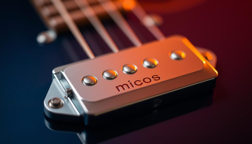 A detailed close-up view of the micros Super-J Revolution, a high-quality guitar pickup. The pickup is positioned in the foreground, with a shallow depth of field blurring the background. The pickup's metallic casing gleams under warm, directional lighting, highlighting the intricate design and craftsmanship. The image conveys a sense of precision and technical prowess, alluding to the pickup's exceptional sound quality and performance. The overall mood is one of professional expertise and attention to detail, fitting the subject matter of the article's section on Marcus Miller's Sire V7 guitar and its electronics. A detailed close-up view of the micros Super-J Revolution, a high-quality guitar pickup. The pickup is positioned in the foreground, with a shallow depth of field blurring the background. The pickup's metallic casing gleams under warm, directional lighting, highlighting the intricate design and craftsmanship. The image conveys a sense of precision and technical prowess, alluding to the pickup's exceptional sound quality and performance. The overall mood is one of professional expertise and attention to detail, fitting the subject matter of the article's section on Marcus Miller's Sire V7 guitar and its electronics.