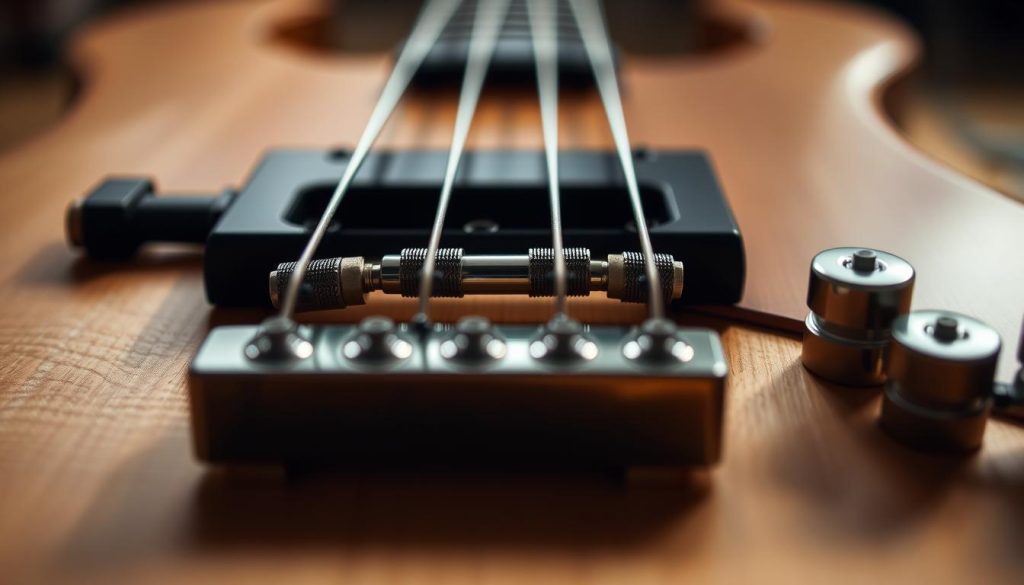 A high-quality close-up shot of an "accastillage" or hardware assembly for a bass guitar, captured under soft, even lighting with a shallow depth of field. The foreground showcases the intricate details of the bridge, tailpiece, tuning keys, and other hardware components in a visually compelling arrangement. The middle ground blurs slightly to draw the eye to the central elements, while the background remains subtly out of focus, creating a sense of depth and focus. The overall mood is one of precision, craftsmanship, and the technical aspects of bass guitar construction, complementing the article's section on "Accastillage et électronique : du chevalet aux circuits". A high-quality close-up shot of an "accastillage" or hardware assembly for a bass guitar, captured under soft, even lighting with a shallow depth of field. The foreground showcases the intricate details of the bridge, tailpiece, tuning keys, and other hardware components in a visually compelling arrangement. The middle ground blurs slightly to draw the eye to the central elements, while the background remains subtly out of focus, creating a sense of depth and focus. The overall mood is one of precision, craftsmanship, and the technical aspects of bass guitar construction, complementing the article's section on "Accastillage et électronique : du chevalet aux circuits".