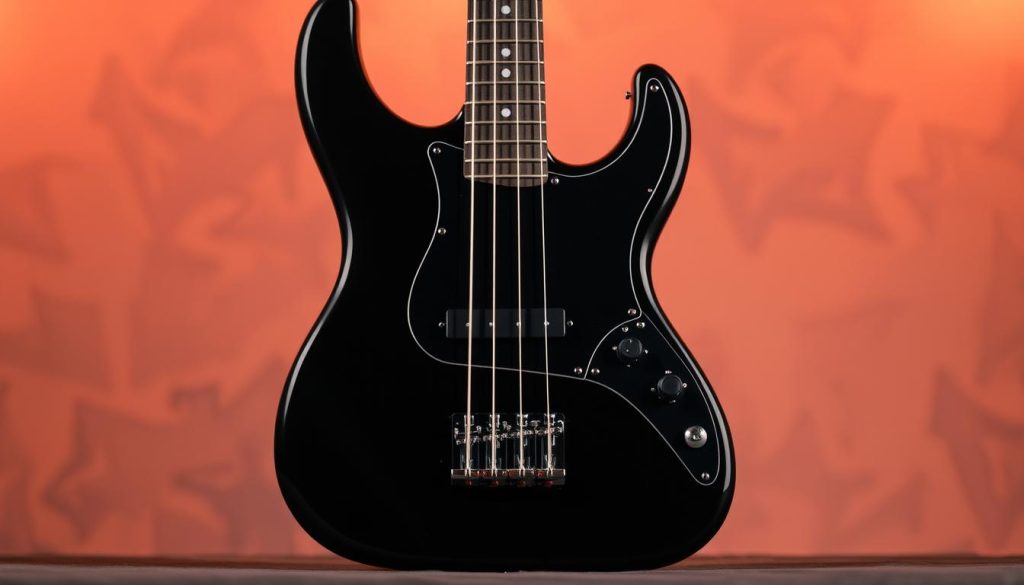 A high-quality photograph of a Sire V7 bass guitar, positioned prominently in the center of the frame. The bass is shown from a slightly elevated angle, capturing its sleek, modern design with a glossy black finish. The lighting is soft and diffused, creating warm, dramatic shadows that accentuate the instrument's contours. The background is blurred and hazy, allowing the bass to be the main focus of the image. The overall composition is well-balanced, with the bass taking up a significant portion of the frame, conveying its importance and the attention it deserves. The image has a professional, editorial feel, suitable for an article discussing the strengths and limitations of the Sire V7 bass. A high-quality photograph of a Sire V7 bass guitar, positioned prominently in the center of the frame. The bass is shown from a slightly elevated angle, capturing its sleek, modern design with a glossy black finish. The lighting is soft and diffused, creating warm, dramatic shadows that accentuate the instrument's contours. The background is blurred and hazy, allowing the bass to be the main focus of the image. The overall composition is well-balanced, with the bass taking up a significant portion of the frame, conveying its importance and the attention it deserves. The image has a professional, editorial feel, suitable for an article discussing the strengths and limitations of the Sire V7 bass.
