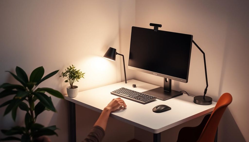 A low-profile ergonomic work setup with a minimalist desk, adjustable monitor, and sleek peripherals. The desk is positioned in a cozy corner, bathed in soft, indirect lighting that creates a serene, focused atmosphere. A plant and a simple, modern lamp add organic touches to the clean, uncluttered space. The user's hands gracefully interact with the keyboard and mouse, their posture relaxed yet attentive. The overall impression is one of efficiency, comfort, and a harmonious fusion of form and function. A low-profile ergonomic work setup with a minimalist desk, adjustable monitor, and sleek peripherals. The desk is positioned in a cozy corner, bathed in soft, indirect lighting that creates a serene, focused atmosphere. A plant and a simple, modern lamp add organic touches to the clean, uncluttered space. The user's hands gracefully interact with the keyboard and mouse, their posture relaxed yet attentive. The overall impression is one of efficiency, comfort, and a harmonious fusion of form and function.