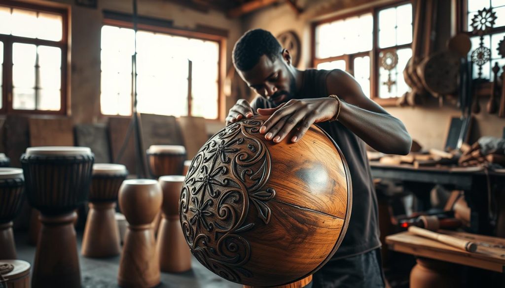 A skilled artisan working intently on a beautifully crafted djembé in a workshop filled with natural light streaming through large windows. The foreground features the artisan's hands delicately applying intricate carvings to the drum's surface, showcasing the detail in the wood grain and craftsmanship. In the middle ground, various unfinished djembés are displayed, highlighting different stages of artistry and finishing techniques. The background includes tools of the trade, such as chisels and sanding blocks, and hints of handcrafted decorations. The atmosphere is warm and inviting, with soft shadows created by the afternoon sun, emphasizing the passion and dedication in artisanal work. The overall mood reflects a deep respect for traditional craftsmanship and quality, underscoring the significance of artistry in the value of a djembé. A skilled artisan working intently on a beautifully crafted djembé in a workshop filled with natural light streaming through large windows. The foreground features the artisan's hands delicately applying intricate carvings to the drum's surface, showcasing the detail in the wood grain and craftsmanship. In the middle ground, various unfinished djembés are displayed, highlighting different stages of artistry and finishing techniques. The background includes tools of the trade, such as chisels and sanding blocks, and hints of handcrafted decorations. The atmosphere is warm and inviting, with soft shadows created by the afternoon sun, emphasizing the passion and dedication in artisanal work. The overall mood reflects a deep respect for traditional craftsmanship and quality, underscoring the significance of artistry in the value of a djembé.