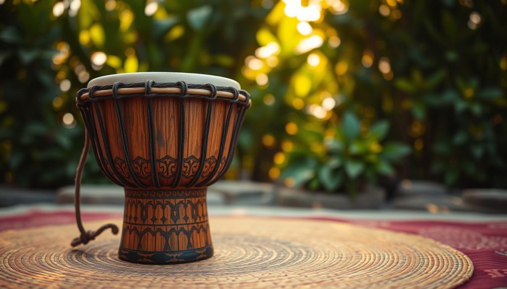 A striking close-up of a beautifully crafted djembé, showcasing its textured wooden body and intricate traditional carvings. The djembé is placed on a vibrant woven mat, symbolizing its African roots. In the background, soft golden light filters through lush green foliage, creating a serene and inviting atmosphere. The scene hints at the rich cultural traditions associated with the djembé, capturing the essence of music and celebration. The angle is slightly elevated, emphasizing the craftsmanship of the instrument while ensuring clarity. The overall mood conveys harmony and connection to African heritage, inviting viewers to appreciate the djembé's significance in contemporary evolution. No people are present in the image; the focus remains solely on the djembé. A striking close-up of a beautifully crafted djembé, showcasing its textured wooden body and intricate traditional carvings. The djembé is placed on a vibrant woven mat, symbolizing its African roots. In the background, soft golden light filters through lush green foliage, creating a serene and inviting atmosphere. The scene hints at the rich cultural traditions associated with the djembé, capturing the essence of music and celebration. The angle is slightly elevated, emphasizing the craftsmanship of the instrument while ensuring clarity. The overall mood conveys harmony and connection to African heritage, inviting viewers to appreciate the djembé's significance in contemporary evolution. No people are present in the image; the focus remains solely on the djembé.