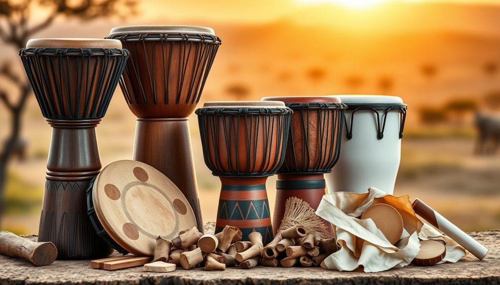 A vibrant composition featuring various types of djembé drums made from different materials, arranged in a visually appealing way. In the foreground, showcase an intricately carved wooden djembé with a natural skin drumhead, a clay djembé with colorful patterns, and a modern synthetic drum. In the middle ground, include samples of the raw materials used, such as wood and goatskin, to highlight their texture and color. The background features a softly blurred African landscape, evoking a warm, inviting atmosphere with golden sunset lighting. Use a shallow depth of field to emphasize the djembés while creating a serene and educational mood. Ensure the image is rich in detail, showcasing craftsmanship and the variety of options available in djembé selection. A vibrant composition featuring various types of djembé drums made from different materials, arranged in a visually appealing way. In the foreground, showcase an intricately carved wooden djembé with a natural skin drumhead, a clay djembé with colorful patterns, and a modern synthetic drum. In the middle ground, include samples of the raw materials used, such as wood and goatskin, to highlight their texture and color. The background features a softly blurred African landscape, evoking a warm, inviting atmosphere with golden sunset lighting. Use a shallow depth of field to emphasize the djembés while creating a serene and educational mood. Ensure the image is rich in detail, showcasing craftsmanship and the variety of options available in djembé selection.