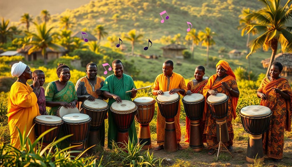A vibrant scene depicting traditional African drumming with a focus on djembé players. In the foreground, a diverse group of musicians, dressed in colorful, modest clothing, enthusiastically playing djembés of various sizes. The middle ground features richly textured fabrics and musical notes floating around them to symbolize the rhythms they are creating. The background showcases a lush green landscape with hints of traditional African huts and palm trees, bathed in warm golden sunlight. The atmosphere is lively and energetic, evoking a sense of community and celebration of culture. The scene captures the essence of traditional rhythms played on the djembé, inviting viewers to immerse themselves in the rich heritage of African music. A vibrant scene depicting traditional African drumming with a focus on djembé players. In the foreground, a diverse group of musicians, dressed in colorful, modest clothing, enthusiastically playing djembés of various sizes. The middle ground features richly textured fabrics and musical notes floating around them to symbolize the rhythms they are creating. The background showcases a lush green landscape with hints of traditional African huts and palm trees, bathed in warm golden sunlight. The atmosphere is lively and energetic, evoking a sense of community and celebration of culture. The scene captures the essence of traditional rhythms played on the djembé, inviting viewers to immerse themselves in the rich heritage of African music.