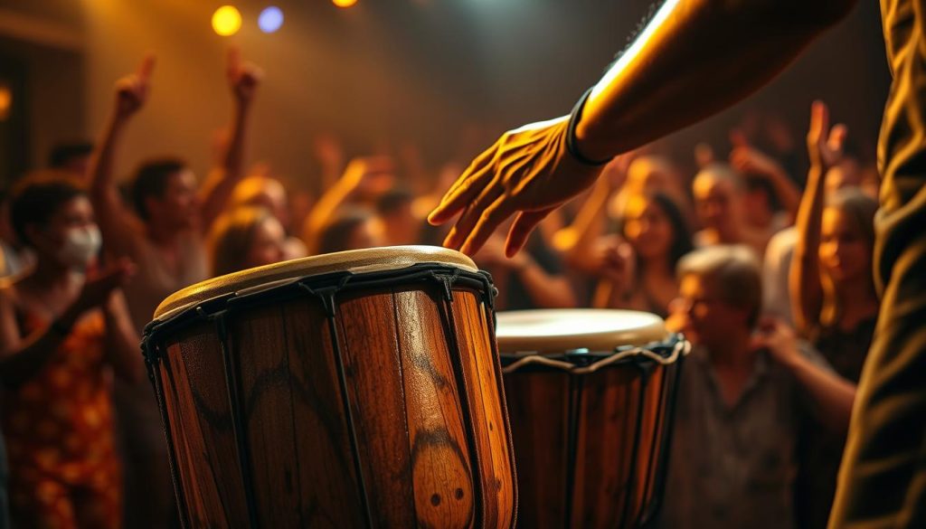 A vibrant scene showcasing a djembé in a dynamic performance environment, emphasizing the instrument's sound levels. In the foreground, a beautifully detailed djembé made of carved wood, its skin taut and textured, glistens under warm, ambient lighting. The middle ground features a pair of hands striking the drum, captured in motion, highlighting the energy of the sound production. In the background, blurred silhouettes of an enthusiastic audience, providing an engaging atmosphere filled with rhythm and excitement. The lighting is soft and golden, creating an inviting mood that conveys the lively experience of a djembé performance. The angle is slightly elevated, focusing on the djembé's intricate details while still showing the interaction of performers and the audience. A vibrant scene showcasing a djembé in a dynamic performance environment, emphasizing the instrument's sound levels. In the foreground, a beautifully detailed djembé made of carved wood, its skin taut and textured, glistens under warm, ambient lighting. The middle ground features a pair of hands striking the drum, captured in motion, highlighting the energy of the sound production. In the background, blurred silhouettes of an enthusiastic audience, providing an engaging atmosphere filled with rhythm and excitement. The lighting is soft and golden, creating an inviting mood that conveys the lively experience of a djembé performance. The angle is slightly elevated, focusing on the djembé's intricate details while still showing the interaction of performers and the audience.