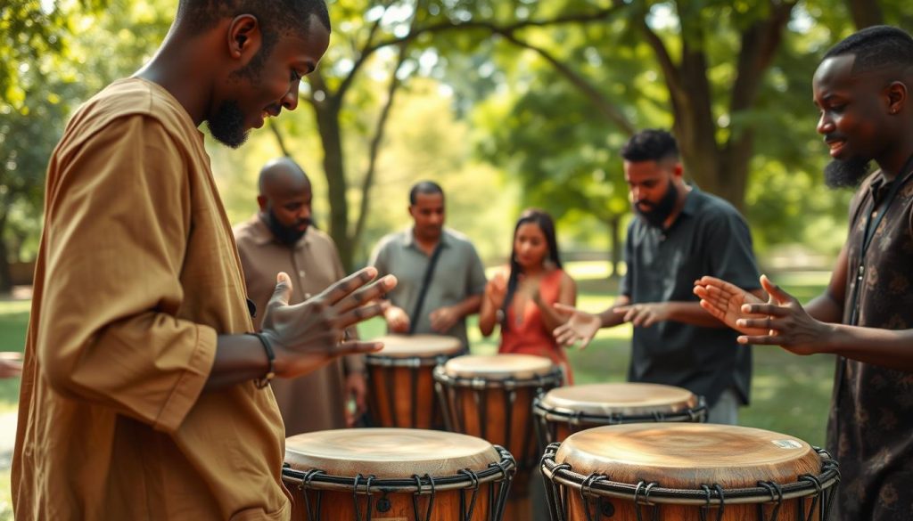 A vibrant scene showcasing various Djembé playing techniques in an outdoor setting. In the foreground, a skilled musician expertly demonstrates the different hand striking techniques on a beautifully crafted wooden djembé, emphasizing the rich textures of the drum's surface. The middle ground features additional musicians in modest casual clothing, deeply focused and engaging in a rhythmic circle, their hands in motion as they play, with expressions of concentration and joy. The background reveals a soft-focus lush green park with dappled sunlight filtering through trees, creating a warm, inviting atmosphere. The image is captured with a shallow depth of field, highlighting the musicians while softly blurring the background. Overall, the mood is energetic and celebratory, reflecting the cultural richness of the djembé. A vibrant scene showcasing various Djembé playing techniques in an outdoor setting. In the foreground, a skilled musician expertly demonstrates the different hand striking techniques on a beautifully crafted wooden djembé, emphasizing the rich textures of the drum's surface. The middle ground features additional musicians in modest casual clothing, deeply focused and engaging in a rhythmic circle, their hands in motion as they play, with expressions of concentration and joy. The background reveals a soft-focus lush green park with dappled sunlight filtering through trees, creating a warm, inviting atmosphere. The image is captured with a shallow depth of field, highlighting the musicians while softly blurring the background. Overall, the mood is energetic and celebratory, reflecting the cultural richness of the djembé.
