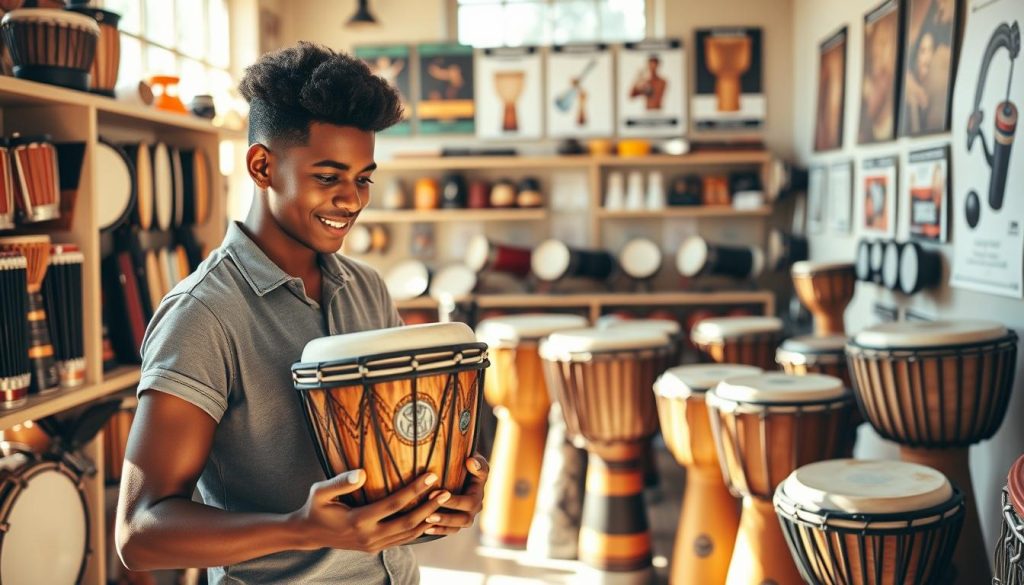 A warm, inviting scene set in a sunlit music store, showcasing a variety of djembés in an organized display. In the foreground, an enthusiastic young adult, dressed in casual but tasteful clothing, examines a beautifully crafted djembé, featuring intricate carvings and vibrant colors. Their expression is one of curiosity and excitement. In the middle, several djembés of different sizes and styles line the shelves, illustrating the diverse options available for beginners. The background features shelves filled with percussion accessories and posters of drumming techniques, all bathed in soft, natural light filtering through large windows. The atmosphere is friendly and informative, creating a sense of community around the joy of music. A warm, inviting scene set in a sunlit music store, showcasing a variety of djembés in an organized display. In the foreground, an enthusiastic young adult, dressed in casual but tasteful clothing, examines a beautifully crafted djembé, featuring intricate carvings and vibrant colors. Their expression is one of curiosity and excitement. In the middle, several djembés of different sizes and styles line the shelves, illustrating the diverse options available for beginners. The background features shelves filled with percussion accessories and posters of drumming techniques, all bathed in soft, natural light filtering through large windows. The atmosphere is friendly and informative, creating a sense of community around the joy of music.
