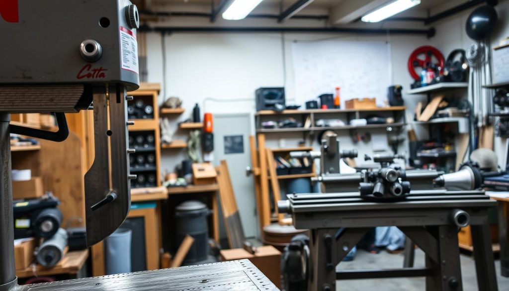 A well-lit industrial workshop with various metalworking tools and equipment. The foreground features a detailed close-up of a band saw, its sharp teeth gleaming under the bright lights. In the middle ground, a metal lathe stands tall, its spinning chuck and array of cutting tools ready to shape raw materials. The background reveals an organized workspace, with shelves of spare parts, welding gear, and a workbench cluttered with sketches and blueprints. The overall atmosphere conveys a sense of precision, craftsmanship, and the careful fabrication of musical instruments. A well-lit industrial workshop with various metalworking tools and equipment. The foreground features a detailed close-up of a band saw, its sharp teeth gleaming under the bright lights. In the middle ground, a metal lathe stands tall, its spinning chuck and array of cutting tools ready to shape raw materials. The background reveals an organized workspace, with shelves of spare parts, welding gear, and a workbench cluttered with sketches and blueprints. The overall atmosphere conveys a sense of precision, craftsmanship, and the careful fabrication of musical instruments.