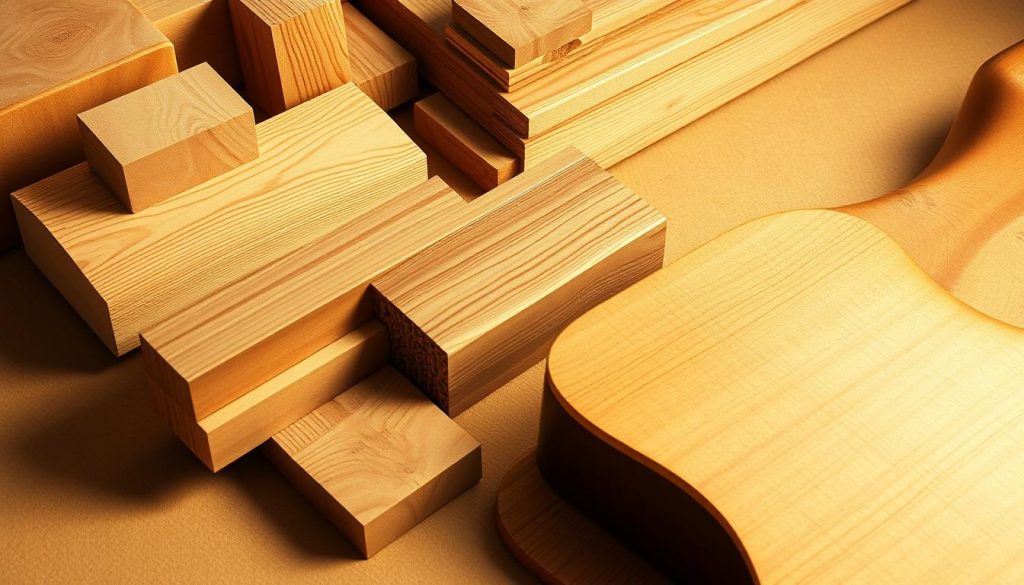 Maple wood materials: a high-quality, fine-grained hardwood with a distinctive figuring and grain pattern. Render a detailed, well-lit still life composition showcasing various maple wood materials - blocks, planks, veneer sheets, and a guitar body. Capture the natural beauty and texture of the wood, with warm, golden lighting from the side accentuating the rich, reddish-brown tones and the elegant, flowing grain. Place the elements on a neutral background to focus attention on the materials. Convey a sense of craftsmanship, durability, and the premium quality of maple as a tonewood used in musical instrument construction. Maple wood materials: a high-quality, fine-grained hardwood with a distinctive figuring and grain pattern. Render a detailed, well-lit still life composition showcasing various maple wood materials - blocks, planks, veneer sheets, and a guitar body. Capture the natural beauty and texture of the wood, with warm, golden lighting from the side accentuating the rich, reddish-brown tones and the elegant, flowing grain. Place the elements on a neutral background to focus attention on the materials. Convey a sense of craftsmanship, durability, and the premium quality of maple as a tonewood used in musical instrument construction.