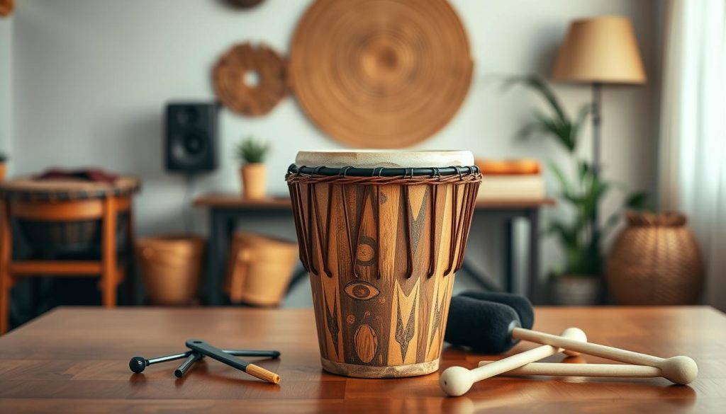A beautifully crafted djembe drum, showcasing intricate carvings and a natural drumhead, positioned in the foreground. The drum is surrounded by essential accessories for beginners: a tuning wrench, a practice pad, and a pair of soft mallets. In the middle ground, a warm wooden table reflects soft, ambient lighting, highlighting the textures of the djembe and its accessories. In the background, a cozy, inviting music room is suggested with subtle hints of African decor, such as woven textiles and warm earth tones. The mood is relaxed and encouraging, evoking a sense of creativity and inspiration for new players. Use a slightly shallow depth of field to emphasize the djembe and its accessories while the background remains softly blurred, creating an intimate atmosphere. A beautifully crafted djembe drum, showcasing intricate carvings and a natural drumhead, positioned in the foreground. The drum is surrounded by essential accessories for beginners: a tuning wrench, a practice pad, and a pair of soft mallets. In the middle ground, a warm wooden table reflects soft, ambient lighting, highlighting the textures of the djembe and its accessories. In the background, a cozy, inviting music room is suggested with subtle hints of African decor, such as woven textiles and warm earth tones. The mood is relaxed and encouraging, evoking a sense of creativity and inspiration for new players. Use a slightly shallow depth of field to emphasize the djembe and its accessories while the background remains softly blurred, creating an intimate atmosphere.