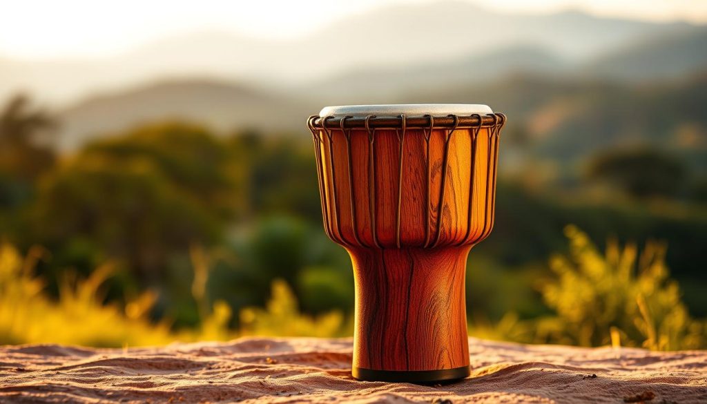 A beautifully crafted djembé instrument sitting prominently in the foreground, showcasing its intricate patterns and natural wood finish. The middle ground features a soft, blurred background of a vibrant African landscape, highlighting lush greens and distant mountains that evoke a sense of cultural heritage. The lighting is warm and golden, simulating the glow of a sunset that enhances the textures of the djembé. The angle should be slightly low to emphasize the instrument's unique shape and design. The overall mood is energetic yet soothing, inviting the viewer to engage with the essence of traditional drumming. No people are present in the image, ensuring a focus on the djembé itself, which is the star of this visual narrative. A beautifully crafted djembé instrument sitting prominently in the foreground, showcasing its intricate patterns and natural wood finish. The middle ground features a soft, blurred background of a vibrant African landscape, highlighting lush greens and distant mountains that evoke a sense of cultural heritage. The lighting is warm and golden, simulating the glow of a sunset that enhances the textures of the djembé. The angle should be slightly low to emphasize the instrument's unique shape and design. The overall mood is energetic yet soothing, inviting the viewer to engage with the essence of traditional drumming. No people are present in the image, ensuring a focus on the djembé itself, which is the star of this visual narrative.