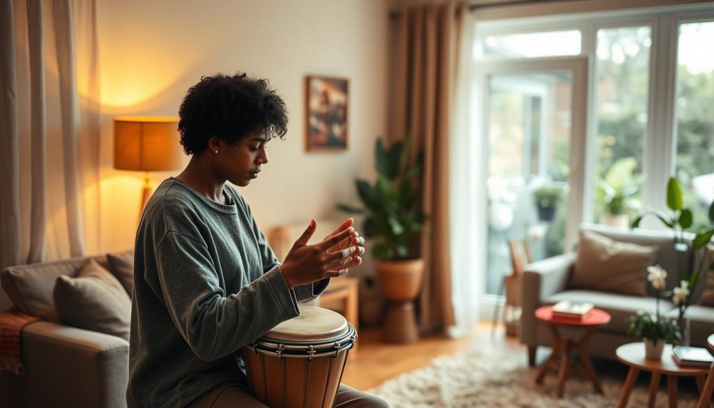 A cozy home environment where a person is practicing djembé quietly, dressed in comfortable, modest casual clothing. In the foreground, the individual focuses intently on their technique, holding the djembé with skillful hands. The middle-ground features soft, sound-absorbing decor, like thick curtains and plush rugs that suggest reduced noise levels. In the background, we see a cozy living room with plants and books, conveying a peaceful atmosphere. Warm, soft lighting filters in through a window, casting gentle shadows and creating a serene mood. The overall image should evoke a sense of dedication and tranquility while emphasizing the joy of practicing a musical instrument without disturbing others. A cozy home environment where a person is practicing djembé quietly, dressed in comfortable, modest casual clothing. In the foreground, the individual focuses intently on their technique, holding the djembé with skillful hands. The middle-ground features soft, sound-absorbing decor, like thick curtains and plush rugs that suggest reduced noise levels. In the background, we see a cozy living room with plants and books, conveying a peaceful atmosphere. Warm, soft lighting filters in through a window, casting gentle shadows and creating a serene mood. The overall image should evoke a sense of dedication and tranquility while emphasizing the joy of practicing a musical instrument without disturbing others.