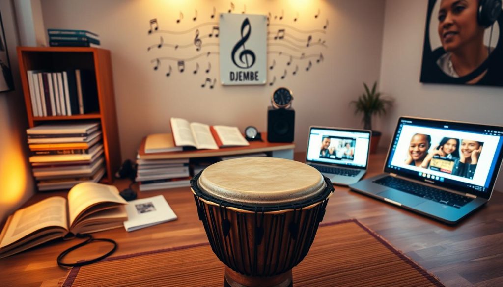 A focused and inspiring workspace dedicated to djembé practice. In the foreground, a beautifully crafted djembé drum sits on a wooden mat, with a pair of hands gently resting on its surface, ready to play. The middle ground shows an organized setup with drumming books, a metronome, and a laptop displaying online djembé lesson videos, all illuminated by warm, soft lighting from a nearby window. The background features a calming wall adorned with musical notes and art inspired by percussion rhythms. The atmosphere is motivational and professional, emphasizing a structured training environment for effective learning. The camera angle is slightly elevated, providing a clear view of the workspace, capturing both the drum and the resources surrounding it. A focused and inspiring workspace dedicated to djembé practice. In the foreground, a beautifully crafted djembé drum sits on a wooden mat, with a pair of hands gently resting on its surface, ready to play. The middle ground shows an organized setup with drumming books, a metronome, and a laptop displaying online djembé lesson videos, all illuminated by warm, soft lighting from a nearby window. The background features a calming wall adorned with musical notes and art inspired by percussion rhythms. The atmosphere is motivational and professional, emphasizing a structured training environment for effective learning. The camera angle is slightly elevated, providing a clear view of the workspace, capturing both the drum and the resources surrounding it.