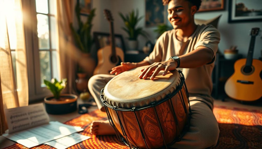 A focused individual, dressed in comfortable casual attire, is playing a djembé, seated on a vibrant woven mat in a cozy room filled with musical instruments. Sunlight streams through a large window, casting warm, golden tones across the scene, emphasizing a feeling of joy and progression. In the foreground, close-up of the musician's hands skillfully striking the drum, showcasing the texture of the djembé’s surface. The middle ground features a few scattered practice sheets with notes, symbols, and musical scores, reflecting the learning journey. In the background, a soft blur of plants and art adds to the inviting atmosphere, while encouraging a sense of motivation and achievement in mastering this rhythmic art form. A focused individual, dressed in comfortable casual attire, is playing a djembé, seated on a vibrant woven mat in a cozy room filled with musical instruments. Sunlight streams through a large window, casting warm, golden tones across the scene, emphasizing a feeling of joy and progression. In the foreground, close-up of the musician's hands skillfully striking the drum, showcasing the texture of the djembé’s surface. The middle ground features a few scattered practice sheets with notes, symbols, and musical scores, reflecting the learning journey. In the background, a soft blur of plants and art adds to the inviting atmosphere, while encouraging a sense of motivation and achievement in mastering this rhythmic art form.
