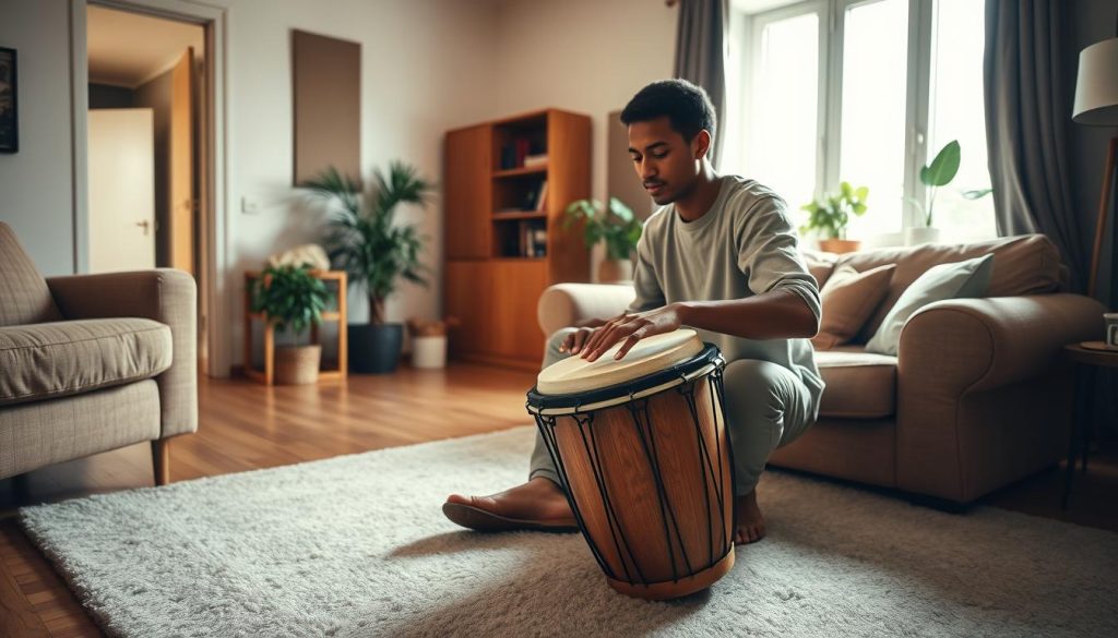 A serene home setup for practicing djembé, featuring a focused musician in modest casual clothing, playing the drum skillfully while seated comfortably in a cozy, well-lit living room. In the foreground, the djembé is placed on a soft carpet, with the musician's hands gracefully striking the drum's surface. The middle ground includes warm wooden furniture and a large window allowing soft, natural sunlight to filter in, creating a welcoming atmosphere. In the background, potted plants and acoustic panels can be seen, emphasizing sound absorption and tranquility. The overall mood is peaceful and inspiring, showcasing a harmonious balance between musical practice and consideration for neighbors. Use a subtle lens effect to capture the warmth and intimacy of this private musical moment. A serene home setup for practicing djembé, featuring a focused musician in modest casual clothing, playing the drum skillfully while seated comfortably in a cozy, well-lit living room. In the foreground, the djembé is placed on a soft carpet, with the musician's hands gracefully striking the drum's surface. The middle ground includes warm wooden furniture and a large window allowing soft, natural sunlight to filter in, creating a welcoming atmosphere. In the background, potted plants and acoustic panels can be seen, emphasizing sound absorption and tranquility. The overall mood is peaceful and inspiring, showcasing a harmonious balance between musical practice and consideration for neighbors. Use a subtle lens effect to capture the warmth and intimacy of this private musical moment.