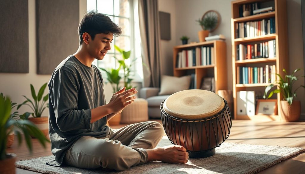 A serene indoor scene showcasing a beginner thoughtfully playing a djembé. In the foreground, a young adult male, dressed in modest casual clothing, sits cross-legged on a soft rug. He is focusing intently on his hand movements, with a gentle smile of concentration on his face. In the middle ground, soft sounds of music escape the drum, creating a warm atmosphere. The background features a cozy living room with soundproofing panels on the walls, plants, and a bookshelf filled with music books, suggesting a peaceful practice environment. Natural light streams through a window, casting soft shadows and enhancing the inviting mood of the scene. The overall tone is calming and inspiring, emphasizing the joy of learning without disturbing others. A serene indoor scene showcasing a beginner thoughtfully playing a djembé. In the foreground, a young adult male, dressed in modest casual clothing, sits cross-legged on a soft rug. He is focusing intently on his hand movements, with a gentle smile of concentration on his face. In the middle ground, soft sounds of music escape the drum, creating a warm atmosphere. The background features a cozy living room with soundproofing panels on the walls, plants, and a bookshelf filled with music books, suggesting a peaceful practice environment. Natural light streams through a window, casting soft shadows and enhancing the inviting mood of the scene. The overall tone is calming and inspiring, emphasizing the joy of learning without disturbing others.