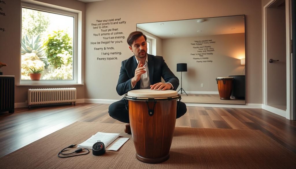 A serene indoor space dedicated to music practice, showcasing a well-organized djembé training area. In the foreground, a polished wooden djembé drum sits on a comfortable mat, with a metronome and sheet music placed neatly beside it. In the middle, a focused musician in smart casual attire, sitting cross-legged, demonstrates proper hand technique on the drum, exuding concentration and passion. The background features a wall adorned with inspirational musical quotes and a large mirror reflecting the scene, emphasizing the importance of self-observation in practice. Soft, warm lighting illuminates the space, creating a calm and encouraging atmosphere, while a large window reveals a sunny garden, symbolizing growth and creativity. The angle captures both the musician and the drum clearly, inviting viewers into the training experience. A serene indoor space dedicated to music practice, showcasing a well-organized djembé training area. In the foreground, a polished wooden djembé drum sits on a comfortable mat, with a metronome and sheet music placed neatly beside it. In the middle, a focused musician in smart casual attire, sitting cross-legged, demonstrates proper hand technique on the drum, exuding concentration and passion. The background features a wall adorned with inspirational musical quotes and a large mirror reflecting the scene, emphasizing the importance of self-observation in practice. Soft, warm lighting illuminates the space, creating a calm and encouraging atmosphere, while a large window reveals a sunny garden, symbolizing growth and creativity. The angle captures both the musician and the drum clearly, inviting viewers into the training experience.