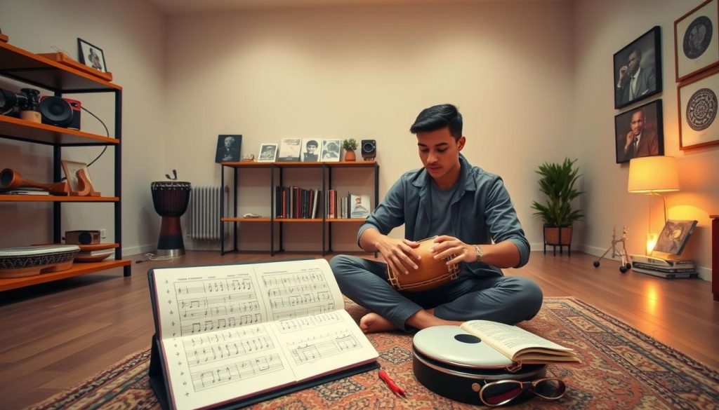A serene indoor space designed for musical practice, featuring a well-lit area with warm, ambient lighting. In the foreground, a young adult dressed in casual yet professional attire sits cross-legged on a comfortable rug, intently playing a djembé, conveying concentration and passion. Beside them, a notebook filled with charts and notes tracks their progress in learning various rhythms and techniques, symbolizing growth. In the middle ground, shelves are lined with percussion instruments and music books, enhancing the atmosphere of a dedicated study space. The background showcases a calming wall adorned with framed images of famous drummers and rhythmic patterns, suggesting inspiration and aspiration. The overall mood is focused and encouraging, highlighting the journey of learning through personal dedication and creativity. A serene indoor space designed for musical practice, featuring a well-lit area with warm, ambient lighting. In the foreground, a young adult dressed in casual yet professional attire sits cross-legged on a comfortable rug, intently playing a djembé, conveying concentration and passion. Beside them, a notebook filled with charts and notes tracks their progress in learning various rhythms and techniques, symbolizing growth. In the middle ground, shelves are lined with percussion instruments and music books, enhancing the atmosphere of a dedicated study space. The background showcases a calming wall adorned with framed images of famous drummers and rhythmic patterns, suggesting inspiration and aspiration. The overall mood is focused and encouraging, highlighting the journey of learning through personal dedication and creativity.