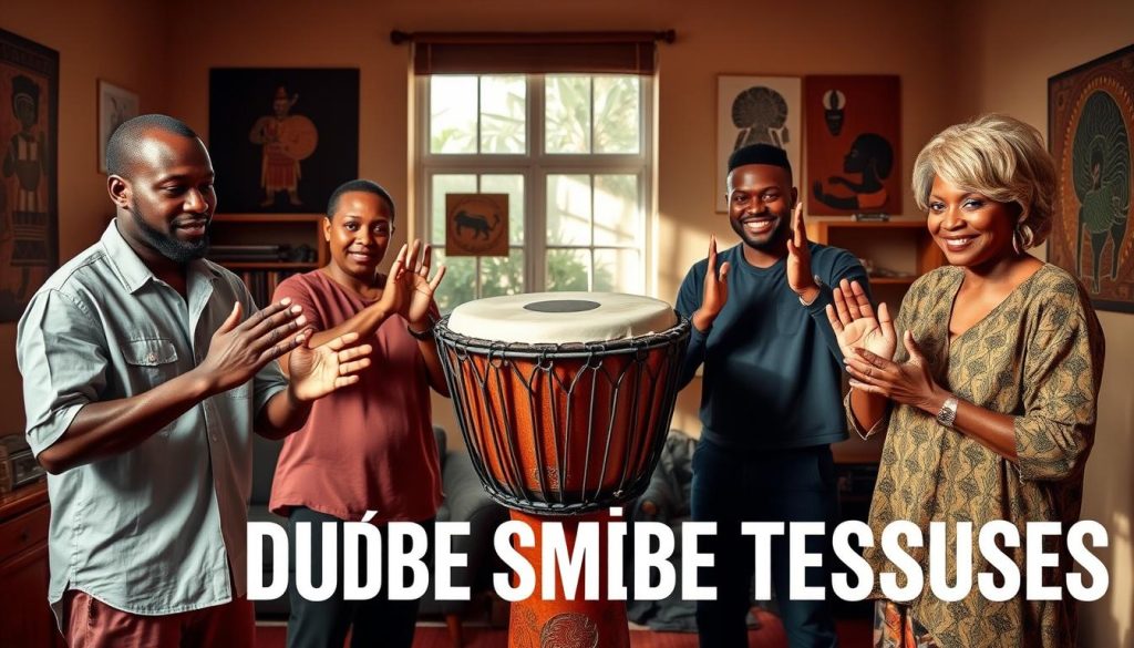 A vibrant and captivating scene showcasing various basic djembé striking techniques. In the foreground, a diverse group of three musicians—two men and one woman—are demonstrating different hand positions and techniques, dressed in modest casual clothing. The middle ground features a beautifully crafted djembé drum, with intricate carvings and vivid colors, highlighting its cultural significance. The background consists of a warm and inviting studio space with wall decorations inspired by African art, creating an immersive atmosphere. Soft, natural lighting filters through a window, casting gentle shadows and emphasizing the textures of the drum and the musicians' expressions of concentration and joy. The overall mood is energetic yet instructional, encouraging viewers to engage with the art of djembé. A vibrant and captivating scene showcasing various basic djembé striking techniques. In the foreground, a diverse group of three musicians—two men and one woman—are demonstrating different hand positions and techniques, dressed in modest casual clothing. The middle ground features a beautifully crafted djembé drum, with intricate carvings and vivid colors, highlighting its cultural significance. The background consists of a warm and inviting studio space with wall decorations inspired by African art, creating an immersive atmosphere. Soft, natural lighting filters through a window, casting gentle shadows and emphasizing the textures of the drum and the musicians' expressions of concentration and joy. The overall mood is energetic yet instructional, encouraging viewers to engage with the art of djembé.