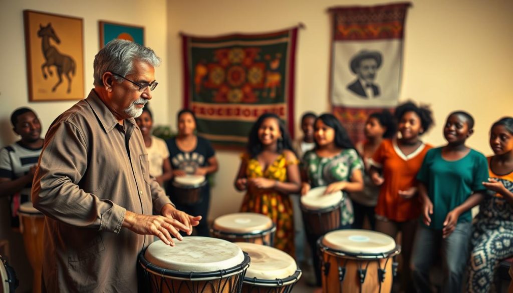 A vibrant, intimate setting showcasing a group of diverse individuals enthusiastically engaging in a djembe training session. In the foreground, a middle-aged man in a modest casual outfit demonstrates drumming techniques, his hands moving gracefully over the djembe. In the middle ground, several focused students of various ages and ethnic backgrounds practice their rhythm, some with their eyes closed, immersed in the music. The background features a softly lit room adorned with African artwork and colorful textiles, enhancing the cultural atmosphere. The lighting is warm and inviting, casting gentle shadows that create a welcoming ambiance. The overall mood is spirited and encouraging, reflecting a harmonious and productive training environment. A vibrant, intimate setting showcasing a group of diverse individuals enthusiastically engaging in a djembe training session. In the foreground, a middle-aged man in a modest casual outfit demonstrates drumming techniques, his hands moving gracefully over the djembe. In the middle ground, several focused students of various ages and ethnic backgrounds practice their rhythm, some with their eyes closed, immersed in the music. The background features a softly lit room adorned with African artwork and colorful textiles, enhancing the cultural atmosphere. The lighting is warm and inviting, casting gentle shadows that create a welcoming ambiance. The overall mood is spirited and encouraging, reflecting a harmonious and productive training environment.