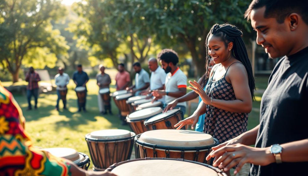 A vibrant outdoor setting showcasing a diverse group of individuals practicing on djembé drums. In the foreground, a close-up of two people, one wearing a colorful traditional outfit and the other in casual, modest attire, focusing intently on the rhythm. The middle ground features several drummers of various ethnic backgrounds, deeply engaged in a collaborative exercise, with dynamic hand movements evident on the drum surfaces. In the background, sunlit trees create a serene atmosphere, while soft shadows dance across the grassy area. The scene is illuminated by warm, natural light suggesting a joyful, inspiring mood. Use a shallow depth of field to keep the drummers in sharp focus while subtly blurring the background, emphasizing the action and connection in their practice. A vibrant outdoor setting showcasing a diverse group of individuals practicing on djembé drums. In the foreground, a close-up of two people, one wearing a colorful traditional outfit and the other in casual, modest attire, focusing intently on the rhythm. The middle ground features several drummers of various ethnic backgrounds, deeply engaged in a collaborative exercise, with dynamic hand movements evident on the drum surfaces. In the background, sunlit trees create a serene atmosphere, while soft shadows dance across the grassy area. The scene is illuminated by warm, natural light suggesting a joyful, inspiring mood. Use a shallow depth of field to keep the drummers in sharp focus while subtly blurring the background, emphasizing the action and connection in their practice.