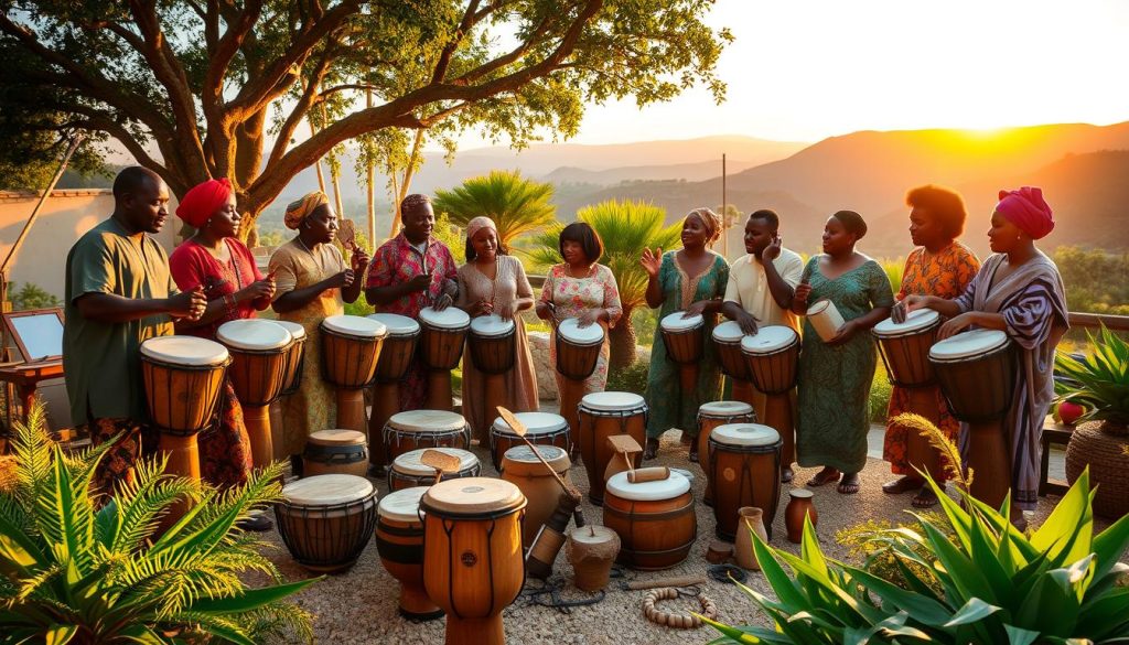 A vibrant scene capturing the essence of African rhythms, set in a sunlit outdoor space. In the foreground, a group of diverse musicians, dressed in colorful, modest traditional attire, enthusiastically play djembés and other traditional instruments. The middle ground showcases an array of handcrafted percussion instruments, surrounded by lush greenery and cultural artifacts symbolizing African heritage. In the background, the sun sets over distant hills, casting warm golden light over the scene, enhancing the rhythmic motion of the musicians. The atmosphere is lively, filled with energy and a sense of community, inviting onlookers to immerse themselves in the rich cultural experience. The composition should evoke feelings of joy and connection to African musical traditions, emphasizing the beauty of discovering their rhythms. A vibrant scene capturing the essence of African rhythms, set in a sunlit outdoor space. In the foreground, a group of diverse musicians, dressed in colorful, modest traditional attire, enthusiastically play djembés and other traditional instruments. The middle ground showcases an array of handcrafted percussion instruments, surrounded by lush greenery and cultural artifacts symbolizing African heritage. In the background, the sun sets over distant hills, casting warm golden light over the scene, enhancing the rhythmic motion of the musicians. The atmosphere is lively, filled with energy and a sense of community, inviting onlookers to immerse themselves in the rich cultural experience. The composition should evoke feelings of joy and connection to African musical traditions, emphasizing the beauty of discovering their rhythms.