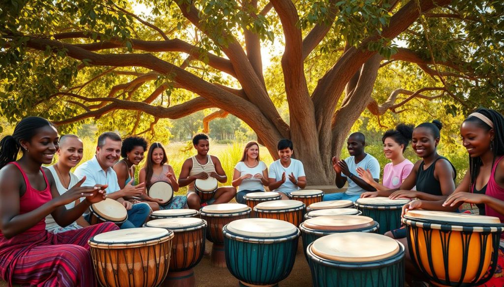 A vibrant scene depicting a traditional outdoor djembé class for beginners, set under a large, leafy tree bathed in warm, golden sunlight. In the foreground, a diverse group of smiling beginners, wearing modest casual attire, sits in a semi-circle, eagerly playing their djembés. Each drummer focuses intently on their instruments, their hands mid-motion, conveying rhythm and enthusiasm. The middle ground showcases colorful djembés with intricate carvings, creating a rich tapestry of textures. In the background, lush greenery blends with hints of a bright blue sky, enhancing the lively atmosphere of learning. The composition captures a sense of joy, community, and cultural appreciation, with soft, dappled lighting that emphasizes the warm and inviting mood of the scene. A vibrant scene depicting a traditional outdoor djembé class for beginners, set under a large, leafy tree bathed in warm, golden sunlight. In the foreground, a diverse group of smiling beginners, wearing modest casual attire, sits in a semi-circle, eagerly playing their djembés. Each drummer focuses intently on their instruments, their hands mid-motion, conveying rhythm and enthusiasm. The middle ground showcases colorful djembés with intricate carvings, creating a rich tapestry of textures. In the background, lush greenery blends with hints of a bright blue sky, enhancing the lively atmosphere of learning. The composition captures a sense of joy, community, and cultural appreciation, with soft, dappled lighting that emphasizes the warm and inviting mood of the scene.