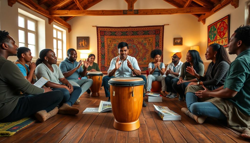 A vibrant scene depicting a variety of methods for learning the djembé, centered around a wooden djembé drum placed on a rustic wooden floor. In the foreground, a skilled instructor, dressed in casual yet professional attire, demonstrates hand techniques while sitting cross-legged. Surrounding them are students of diverse backgrounds, attentively practicing, with rhythmic motions and expressions of concentration. In the middle, instructional materials like books and video lessons are spread out for reference. The background features a warmly lit room with wooden beams and colorful African tapestry, enhancing the cultural essence of the djembé. Soft lighting creates a cozy atmosphere, inviting engagement and fostering a sense of community. The angle captures both the instructor and students, emphasizing collaboration and learning. A vibrant scene depicting a variety of methods for learning the djembé, centered around a wooden djembé drum placed on a rustic wooden floor. In the foreground, a skilled instructor, dressed in casual yet professional attire, demonstrates hand techniques while sitting cross-legged. Surrounding them are students of diverse backgrounds, attentively practicing, with rhythmic motions and expressions of concentration. In the middle, instructional materials like books and video lessons are spread out for reference. The background features a warmly lit room with wooden beams and colorful African tapestry, enhancing the cultural essence of the djembé. Soft lighting creates a cozy atmosphere, inviting engagement and fostering a sense of community. The angle captures both the instructor and students, emphasizing collaboration and learning.