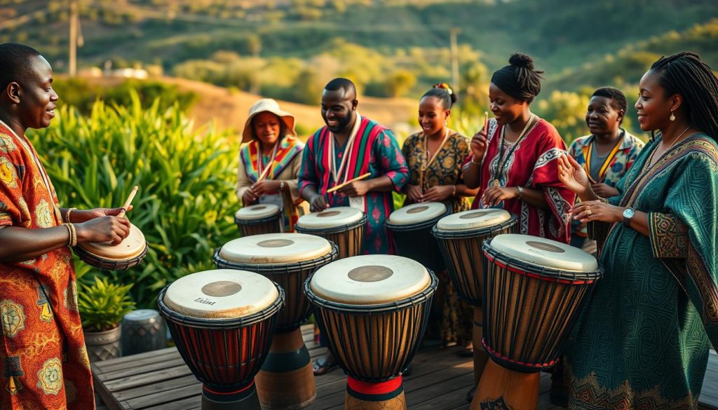 A vibrant scene showcasing a group of diverse musicians engaged in playing djembé drums, evoking the rich and soulful rhythms of African music. In the foreground, three musicians, dressed in colorful traditional attire, deeply focused on their instruments, with hands striking the drums in energetic motion. The middle ground features an array of djembé drums of varying sizes, intricately decorated with traditional patterns, set on a rustic wooden platform. The background depicts a lush outdoor setting with hints of nature, such as green foliage and distant hills, bathed in warm afternoon sunlight. The atmosphere is lively and celebratory, capturing the essence of communal joy and the deep cultural heritage associated with African rhythms. The image should have a slight soft focus to enhance the joyful mood. A vibrant scene showcasing a group of diverse musicians engaged in playing djembé drums, evoking the rich and soulful rhythms of African music. In the foreground, three musicians, dressed in colorful traditional attire, deeply focused on their instruments, with hands striking the drums in energetic motion. The middle ground features an array of djembé drums of varying sizes, intricately decorated with traditional patterns, set on a rustic wooden platform. The background depicts a lush outdoor setting with hints of nature, such as green foliage and distant hills, bathed in warm afternoon sunlight. The atmosphere is lively and celebratory, capturing the essence of communal joy and the deep cultural heritage associated with African rhythms. The image should have a slight soft focus to enhance the joyful mood.