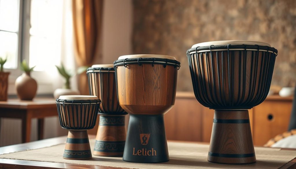A beautifully arranged display of various sizes of djembés, showcasing the different dimensions and shapes. In the foreground, three djembés of distinct sizes are positioned, each crafted from rich, textured wood with intricate carvings, the drum skins taut and polished. The middle layer features a soft, blurred background with a warm, inviting atmosphere, illuminated by natural sunlight streaming in from a nearby window, creating gentle highlights on the djembés. A subtle wooden table adds depth to the scene. Use a wide-angle lens to capture the vibrancy of colors and textures, emphasizing the cultural significance of the djembé. The overall mood is educational and inspiring, inviting the viewer to consider the criteria for choosing the ideal drum size. A beautifully arranged display of various sizes of djembés, showcasing the different dimensions and shapes. In the foreground, three djembés of distinct sizes are positioned, each crafted from rich, textured wood with intricate carvings, the drum skins taut and polished. The middle layer features a soft, blurred background with a warm, inviting atmosphere, illuminated by natural sunlight streaming in from a nearby window, creating gentle highlights on the djembés. A subtle wooden table adds depth to the scene. Use a wide-angle lens to capture the vibrancy of colors and textures, emphasizing the cultural significance of the djembé. The overall mood is educational and inspiring, inviting the viewer to consider the criteria for choosing the ideal drum size.