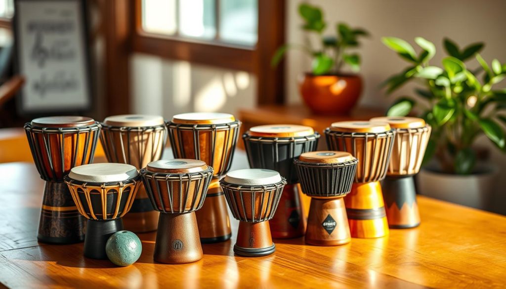 A collection of small djembés arranged on a wooden table, showcasing their compact size. The foreground features a variety of colors and finishes, highlighting the unique textures of each drum, from polished wood to intricate carvings. In the middle ground, soft natural light filters through a window, casting gentle shadows and creating an inviting atmosphere. The background includes blurred musical notes and a potted plant, enhancing the artistic ambiance. Capture this scene with a shallow depth of field to emphasize the drums. The mood should be warm and inviting, conveying a sense of creativity and mobility, suitable for musicians seeking portable instruments. A collection of small djembés arranged on a wooden table, showcasing their compact size. The foreground features a variety of colors and finishes, highlighting the unique textures of each drum, from polished wood to intricate carvings. In the middle ground, soft natural light filters through a window, casting gentle shadows and creating an inviting atmosphere. The background includes blurred musical notes and a potted plant, enhancing the artistic ambiance. Capture this scene with a shallow depth of field to emphasize the drums. The mood should be warm and inviting, conveying a sense of creativity and mobility, suitable for musicians seeking portable instruments.