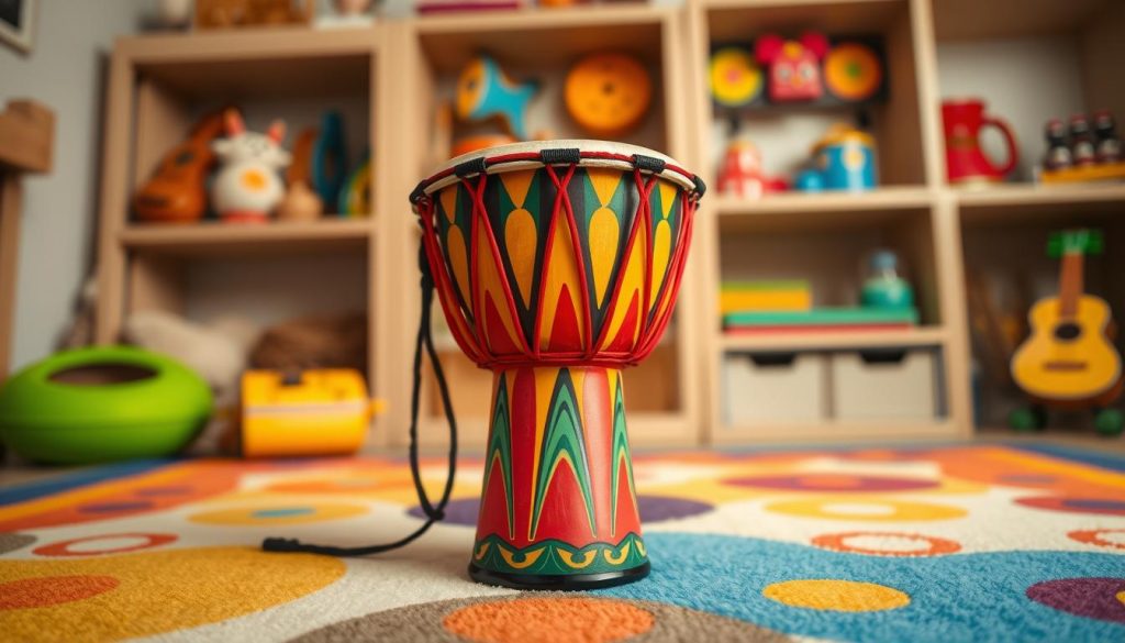 A colorful and vibrant child-friendly djembé drum is the focal point of the image, showcasing its intricate carvings and patterns. The drum, tailored for kids, should be smaller in size, visually indicating comfort and accessibility for young hands. Arrange the djembé on a bright, playful rug in a cozy indoor setting, with warm, soft lighting that creates an inviting atmosphere. In the background, include shelves filled with various musical instruments, inspiring a sense of musical adventure. The perspective is slightly angled, providing depth to the scene while keeping the drum prominently in view. The overall mood should be cheerful and engaging, emphasizing the joy of music for children. A colorful and vibrant child-friendly djembé drum is the focal point of the image, showcasing its intricate carvings and patterns. The drum, tailored for kids, should be smaller in size, visually indicating comfort and accessibility for young hands. Arrange the djembé on a bright, playful rug in a cozy indoor setting, with warm, soft lighting that creates an inviting atmosphere. In the background, include shelves filled with various musical instruments, inspiring a sense of musical adventure. The perspective is slightly angled, providing depth to the scene while keeping the drum prominently in view. The overall mood should be cheerful and engaging, emphasizing the joy of music for children.
