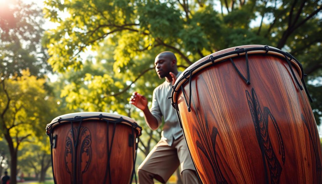 A pair of large djembés, showcasing their impressive size and rich details, are prominently featured in the foreground. The djembés are crafted from natural wood with intricate carvings depicting traditional African patterns, their drumheads taut and ready to resonate with rich sound. In the middle ground, a musician, dressed in modest casual attire, is passionately playing one of the djembés, their hands mid-strike, capturing the intensity of the moment. The background features a vibrant outdoor setting, lush green trees swaying gently in the breeze, with soft, warm sunlight filtering through, creating a dynamic interplay of light and shadow. The overall atmosphere is energetic yet warm, reflecting the powerful sound and depth of the large djembés, inviting viewers to feel the music's richness and intensity. A pair of large djembés, showcasing their impressive size and rich details, are prominently featured in the foreground. The djembés are crafted from natural wood with intricate carvings depicting traditional African patterns, their drumheads taut and ready to resonate with rich sound. In the middle ground, a musician, dressed in modest casual attire, is passionately playing one of the djembés, their hands mid-strike, capturing the intensity of the moment. The background features a vibrant outdoor setting, lush green trees swaying gently in the breeze, with soft, warm sunlight filtering through, creating a dynamic interplay of light and shadow. The overall atmosphere is energetic yet warm, reflecting the powerful sound and depth of the large djembés, inviting viewers to feel the music's richness and intensity.