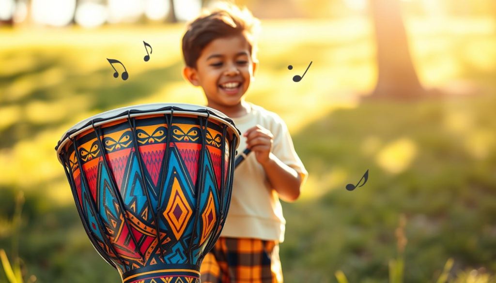 A vibrant and colorful children's djembé positioned prominently in the foreground, showcasing intricate tribal patterns painted in bright hues of red, blue, and yellow. The middle layer features a child enthusiastically playing the djembé, dressed in cheerful, modest clothing, with a joyful expression that captures the spirit of music and creativity. Surrounding them are playful musical notes and a soft blur of a sunny outdoor setting, hinting at a grassy park with trees in the background. The lighting is warm and inviting, emulating a sunny day, with soft shadows adding depth. The overall mood is lively and fun, encapsulating the essence of children’s musical exploration while emphasizing the affordability and accessibility of children's djembés. A vibrant and colorful children's djembé positioned prominently in the foreground, showcasing intricate tribal patterns painted in bright hues of red, blue, and yellow. The middle layer features a child enthusiastically playing the djembé, dressed in cheerful, modest clothing, with a joyful expression that captures the spirit of music and creativity. Surrounding them are playful musical notes and a soft blur of a sunny outdoor setting, hinting at a grassy park with trees in the background. The lighting is warm and inviting, emulating a sunny day, with soft shadows adding depth. The overall mood is lively and fun, encapsulating the essence of children’s musical exploration while emphasizing the affordability and accessibility of children's djembés.