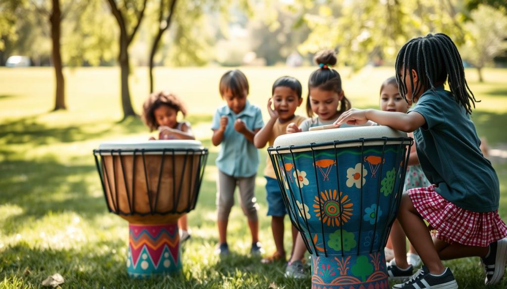 A vibrant children's djembé, intricately painted with bright colors and playful patterns, sits prominently in the foreground. The drum is slightly oversized compared to a child's height, emphasizing its playful nature. In the middle ground, a group of diverse children, dressed in modest casual clothing, are joyfully playing and experimenting with the djembé, showcasing their excitement and enthusiasm. In the background, a lush, sunlit park setting is visible, with soft green grass and a few trees swaying gently in the breeze, contributing to a warm and inviting atmosphere. The lighting is bright and cheerful, creating a sense of fun and creativity. The angle is slightly elevated, providing a clear view of the djembé and the children's interactions, capturing the essence of both traditional and modern influences in the world of children's drums. A vibrant children's djembé, intricately painted with bright colors and playful patterns, sits prominently in the foreground. The drum is slightly oversized compared to a child's height, emphasizing its playful nature. In the middle ground, a group of diverse children, dressed in modest casual clothing, are joyfully playing and experimenting with the djembé, showcasing their excitement and enthusiasm. In the background, a lush, sunlit park setting is visible, with soft green grass and a few trees swaying gently in the breeze, contributing to a warm and inviting atmosphere. The lighting is bright and cheerful, creating a sense of fun and creativity. The angle is slightly elevated, providing a clear view of the djembé and the children's interactions, capturing the essence of both traditional and modern influences in the world of children's drums.