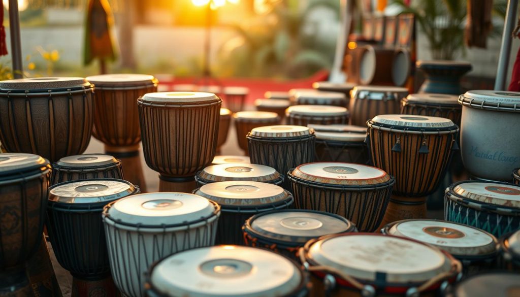 A vibrant display of various types of djembés, showcasing traditional and modern designs. In the foreground, prominently feature a variety of djembés made from different materials, such as carved wood, fiberglass, and synthetic surfaces, each showing unique patterns and textures. The middle ground reveals a soft, natural setting with hints of African cultural elements, like textiles and drum accessories. In the background, an inviting ambiance with warm, golden lighting simulating sunset, casting gentle shadows. The image should evoke a sense of celebration and cultural richness, highlighting the significance of drums in music. Use a shallow depth of field to focus on the instruments while softly blurring the background, enhancing the warmth of the scene. A vibrant display of various types of djembés, showcasing traditional and modern designs. In the foreground, prominently feature a variety of djembés made from different materials, such as carved wood, fiberglass, and synthetic surfaces, each showing unique patterns and textures. The middle ground reveals a soft, natural setting with hints of African cultural elements, like textiles and drum accessories. In the background, an inviting ambiance with warm, golden lighting simulating sunset, casting gentle shadows. The image should evoke a sense of celebration and cultural richness, highlighting the significance of drums in music. Use a shallow depth of field to focus on the instruments while softly blurring the background, enhancing the warmth of the scene.
