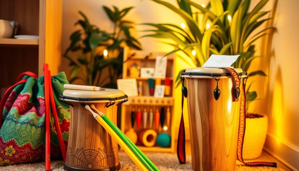 A vibrant scene showcasing essential accessories for a child's djembé. In the foreground, a beautifully crafted djembé made of natural wood with intricate carvings, surrounded by colorful drumsticks and a set of decorative drum bags featuring playful patterns. The middle ground features a small display of multiple playing accessories, such as a music sheet holder and a colorful strap for the djembé. In the background, a cozy corner filled with playful, soft lighting and green plants, enhancing the inviting atmosphere of a child's music space. The lighting is warm and soft, creating a cheerful vibe, captured from an angle that showcases both the accessories and the drum. This image reflects a playful yet professional environment for young musicians. A vibrant scene showcasing essential accessories for a child's djembé. In the foreground, a beautifully crafted djembé made of natural wood with intricate carvings, surrounded by colorful drumsticks and a set of decorative drum bags featuring playful patterns. The middle ground features a small display of multiple playing accessories, such as a music sheet holder and a colorful strap for the djembé. In the background, a cozy corner filled with playful, soft lighting and green plants, enhancing the inviting atmosphere of a child's music space. The lighting is warm and soft, creating a cheerful vibe, captured from an angle that showcases both the accessories and the drum. This image reflects a playful yet professional environment for young musicians.